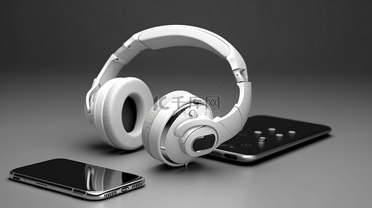 戴耳机的手机背景图片_孤立的智能手机和耳机的 3d 渲染