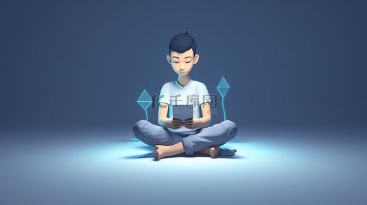 一位亚洲男性的数字角色以莲花姿势冥想，同时使用平板电脑描绘学习创业领导力和创新的主题