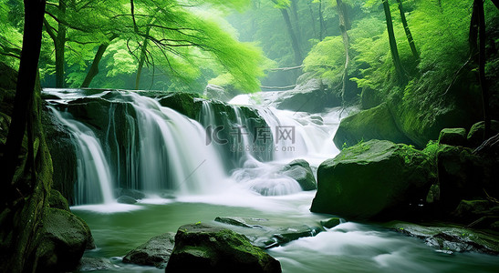 绿色森背景图片_巴基斯坦绿色森林中的瀑布 沙捞越瀑布