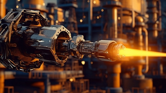 石油工业中的创新技术 3D 渲染机器人手臂，配有原油泵和炼油厂