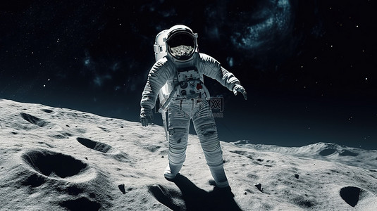 cgi 动画宇航员在 3D 渲染中跳跃穿过月球表面与 NASA 元素