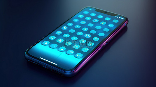 智能手机 3D 渲染，带有表情符号聊天键盘和蓝色背景上的通知图标