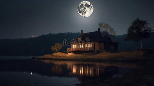 动画满月在山顶房子后面升起，站在湖中 3d 渲染