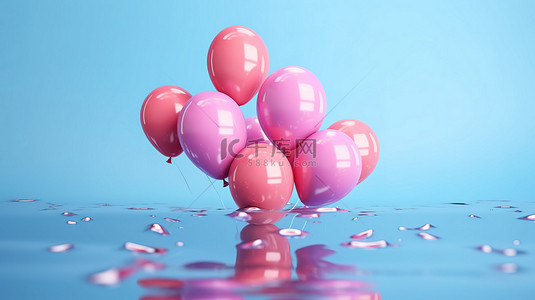 优雅的粉色气球从蓝色背景中优雅地出现，简约风格的完美礼物创意