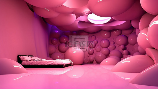 粉红色波浪和带有 3d 星星和球体的波浪图案的房间