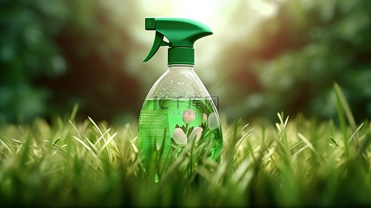 家居清背景图片_草覆盖瓶中的生态友好型洗涤剂喷雾 3D 渲染，用于可持续清洁