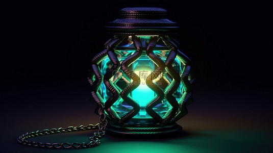 3D 渲染发光体积链灯笼与加密货币发光