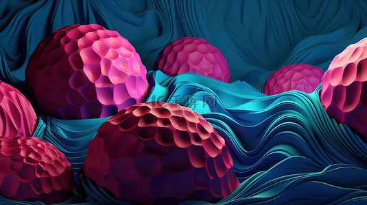 洋红色和蓝色 3D 插图抽象几何波和球体组合物