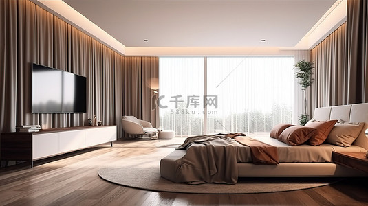 休息区温馨提示背景图片_令人惊叹的卧室套房，配有宽敞的休息区和娱乐单元，配有大窗户 3D 渲染
