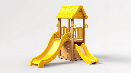 一半黄色背景图片_当代木制儿童游乐区的 3D 渲染，设有大型黄色弹簧滑梯和带阴影的白色背景