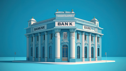 蓝色背景银行大楼的 3D 插图，带有西班牙语文本