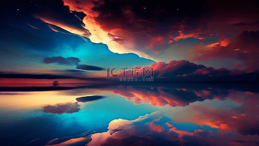 水彩云背景图片_天空湖水镜面倒影彩霞风景图
