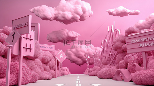 充满活力的粉红色背景上的 3d 方向标志 3d 渲染插图