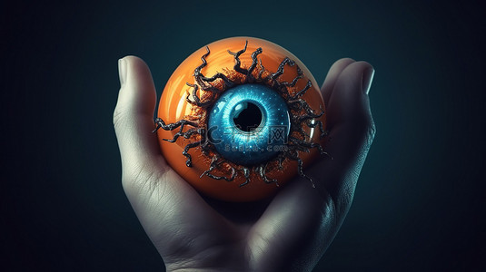 恐怖的血背景图片_骨骼手指抓住的万圣节眼球的 3D 插图