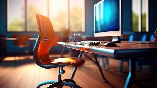 现代在线教室的真实 3D 渲染，配有电脑键盘别致的椅子和桌子