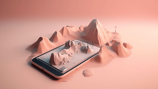 iphone手机样机素材背景图片_手机沙漠山脉微缩景观卡通立体3d旅游广告背景