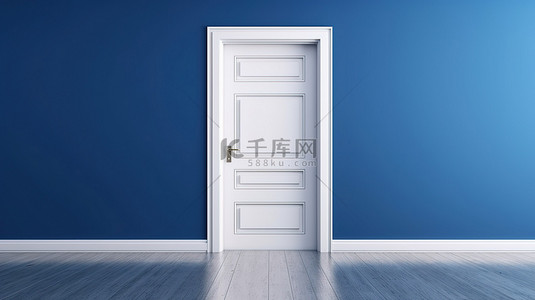 深蓝色墙壁房间的 3D 渲染，带有打开的白色门