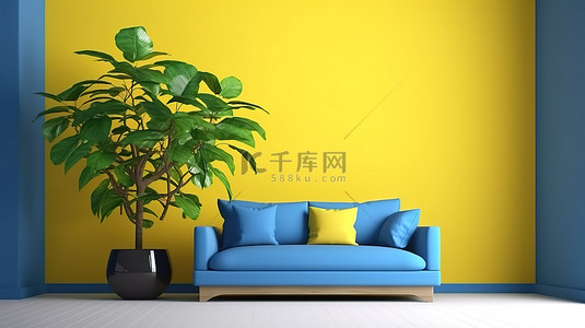 简约的客厅，配有黄色沙发绿色植物和 3D 渲染的木质镶木地板