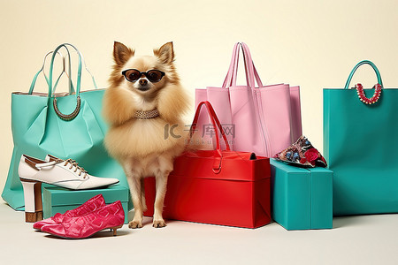 贵州省名牌背景图片_穿着名牌高跟鞋和购物袋的时尚狗