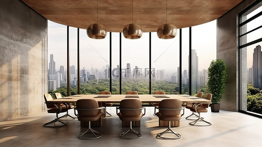 现代会议室配有风景优美的城市景观木质和混凝土装饰以及 3D 渲染中充足的自然光