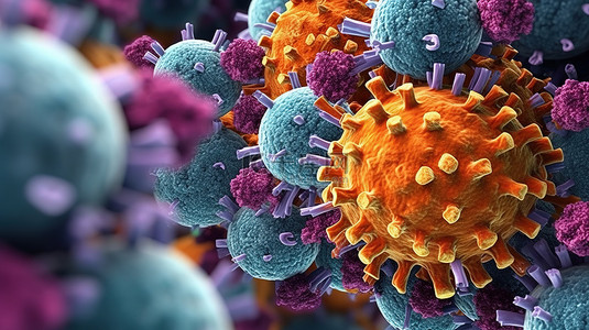 中性灰色背景上充满活力的病毒细胞抽象 3D 渲染
