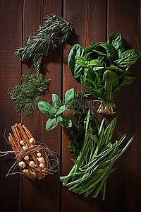 菠菜背景图片_木板上的各种叶子香草和菠菜