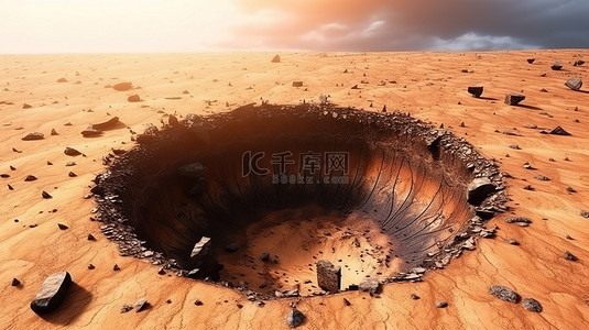沙漠背景背景图片_宇宙 atos 加密中带有地孔的干化石挖掘现场的 3D 插图