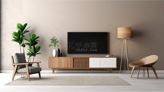 3D 渲染一个简单的客厅，配有木制电视桌和舒适的扶手椅