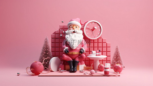 粉红色背景下的圣诞老人 3d 渲染，带有日历和节日装饰
