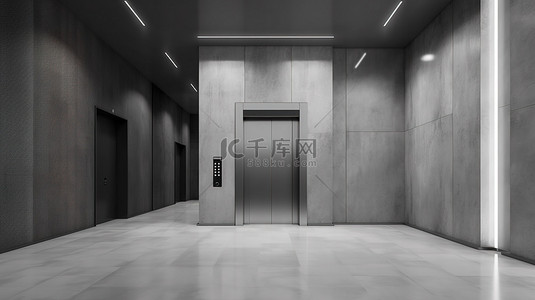 现代商务中心大厅混凝土墙上空白白色海报的 3D 渲染模型，前视图有电梯