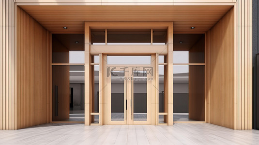 现代建筑与宽敞的木制入口通道 3d 渲染