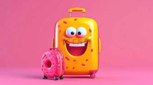 黄色背景上带有大草莓和橙色旅行箱的粉色釉面甜甜圈吉祥物的 3D 渲染
