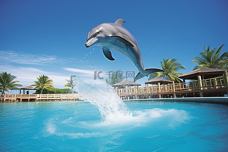 海豚驯养背景图片_一只海豚跳进有木走道的游泳池