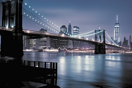 美国大桥背景图片_布鲁克林大桥和曼哈顿的夜晚