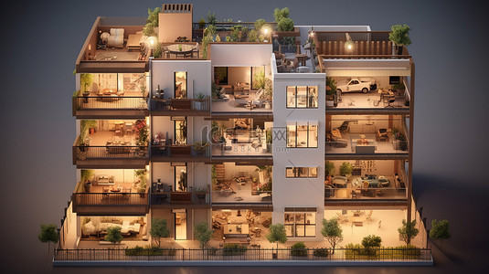 带庭院渲染的公寓楼 3D 模型