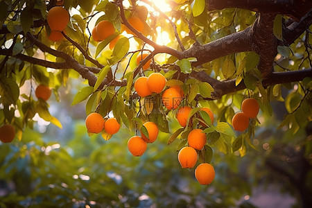 一棵树的图像，上面挂着成熟丰满的橙色水果