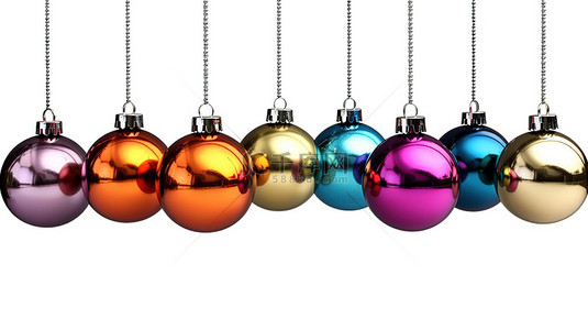 充满活力的圣诞球悬挂在白色背景下，采用 RGB 色调和 3D 技术创建 hdr 效果