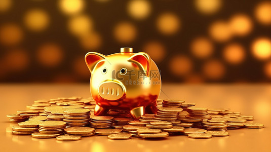金色存钱罐的 3D 插图，上面堆满了象征金融储蓄和投资的硬币