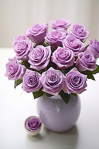 许多紫色玫瑰排列在一个小白色花瓶中
