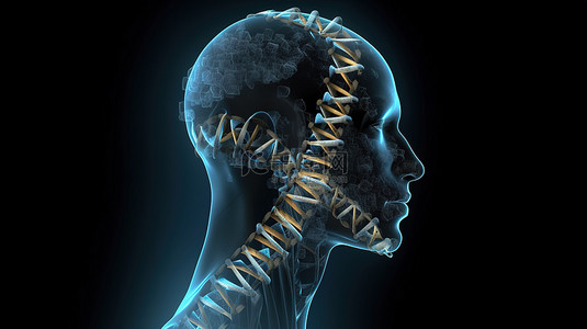 以男性形象 dna 链和大脑为特色的医学主题 3d 渲染
