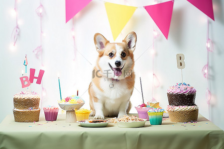 生日蛋糕照片背景图片_柯基犬生日狗照片