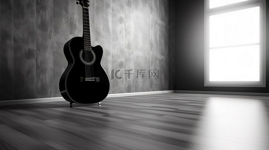 废弃房间中孤独的黑色原声吉他 3D 插图