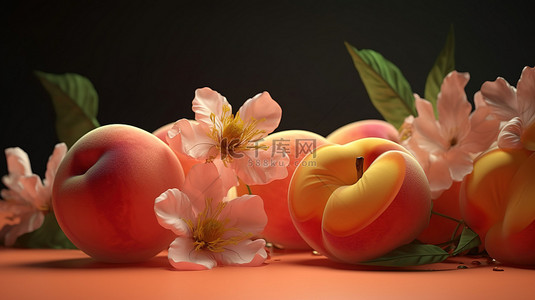 桃子和花朵的华丽 3D 再现