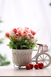 微型复古复古自行车花瓶塑料花盆和玫瑰