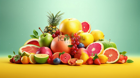 夏季水果海报背景图片_充满活力的夏季水果拼盘，以西瓜柠檬和橙子为特色，在阳光明媚的 3D 渲染中