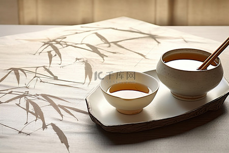 竹子传统背景图片_托盘上放着一碗茶，上面有竹子的图案