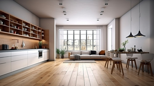 客厅和厨房的时尚 3D 渲染，配有漂亮的木质天花板和地板