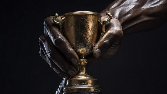 3D 合成图像，展示运动员手握奖杯的特写