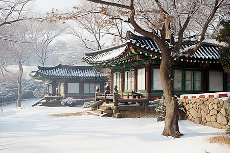 节日期间，冰雪覆盖了韩国的一个小木村