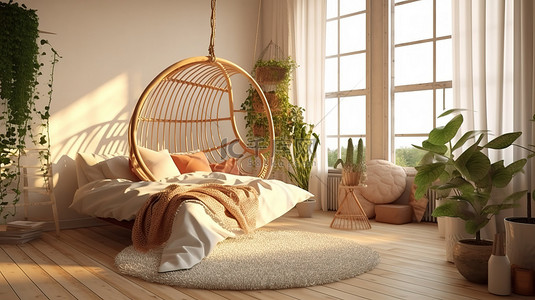 现代卧室配有波西米亚风格的吊椅 3D 渲染